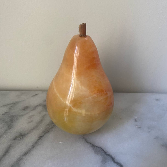 Vintage Alabaster Marble Pear Paperweight MCM Wood Stem Stone Fruit - Picture 4 of 6